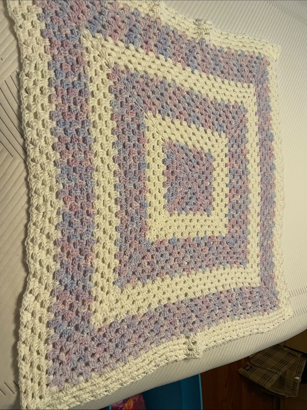 Handmade Crochet Baby Blanket - White with Pastel Pink & Pastel Blue Accents